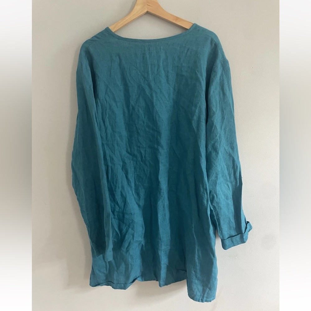 FLAX 100% Linen Oversized Button Down Tunic Top Aqua Blue Size L - Picture 4 of 4